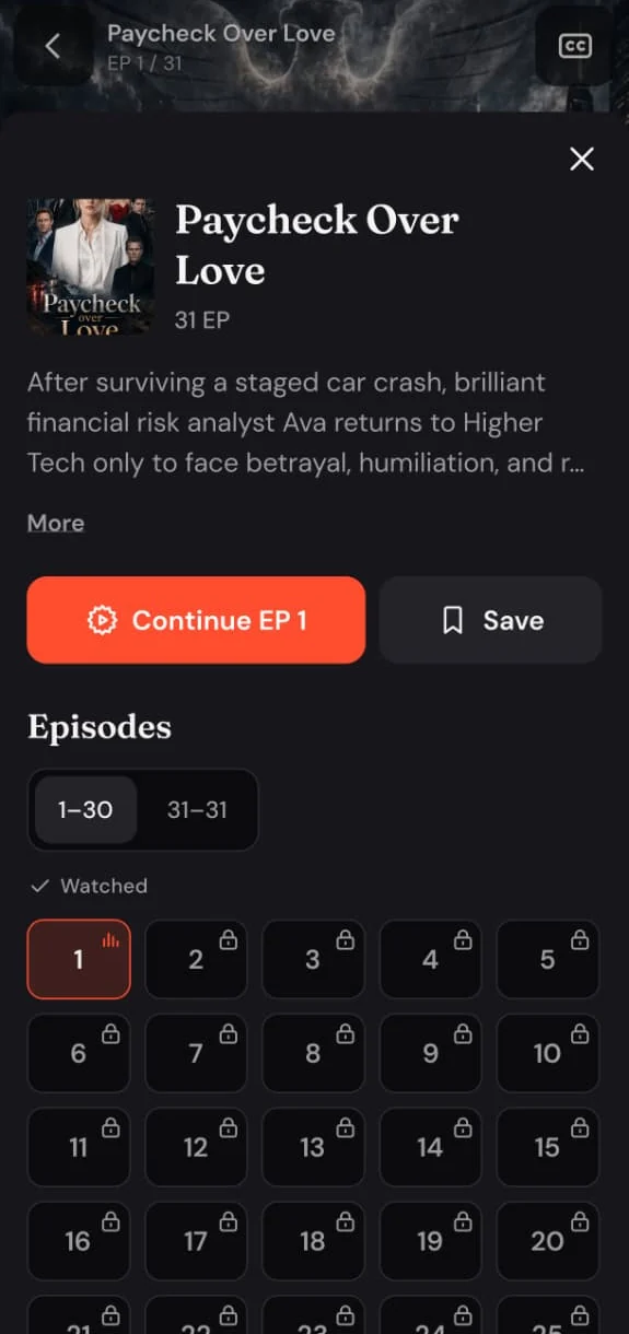Drama details sheet with the synopsis, Continue EP 1 and Save buttons, and a numbered episode grid.