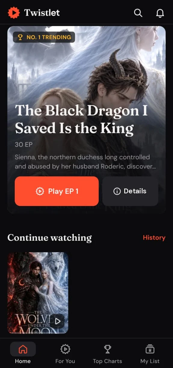Twistlet Home screen with the number one trending drama, Play EP 1 and Details buttons, and a Continue watching row.